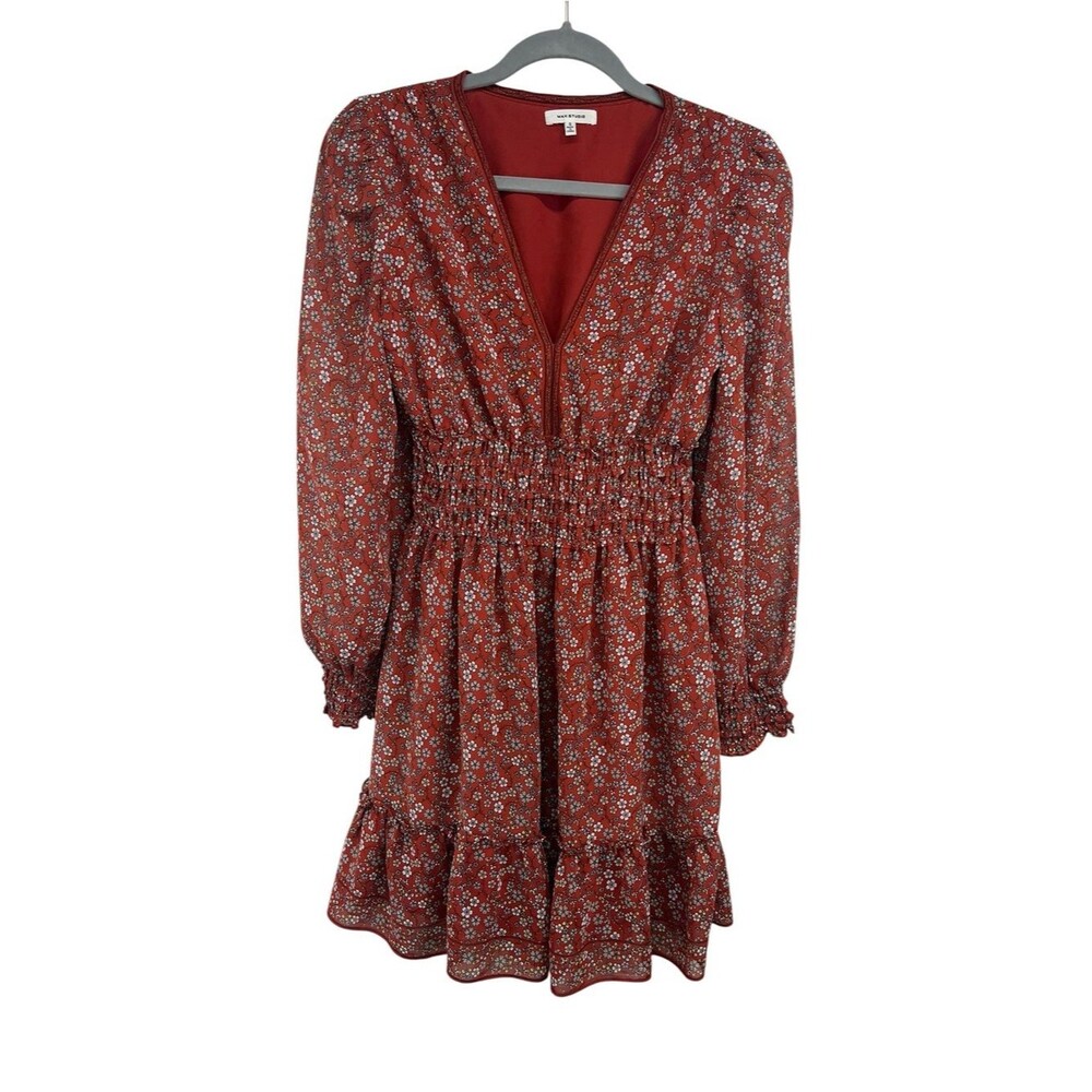 Max Studio Ruffle V Neck Smocked Floral Prairie Mini Dress Womens Small